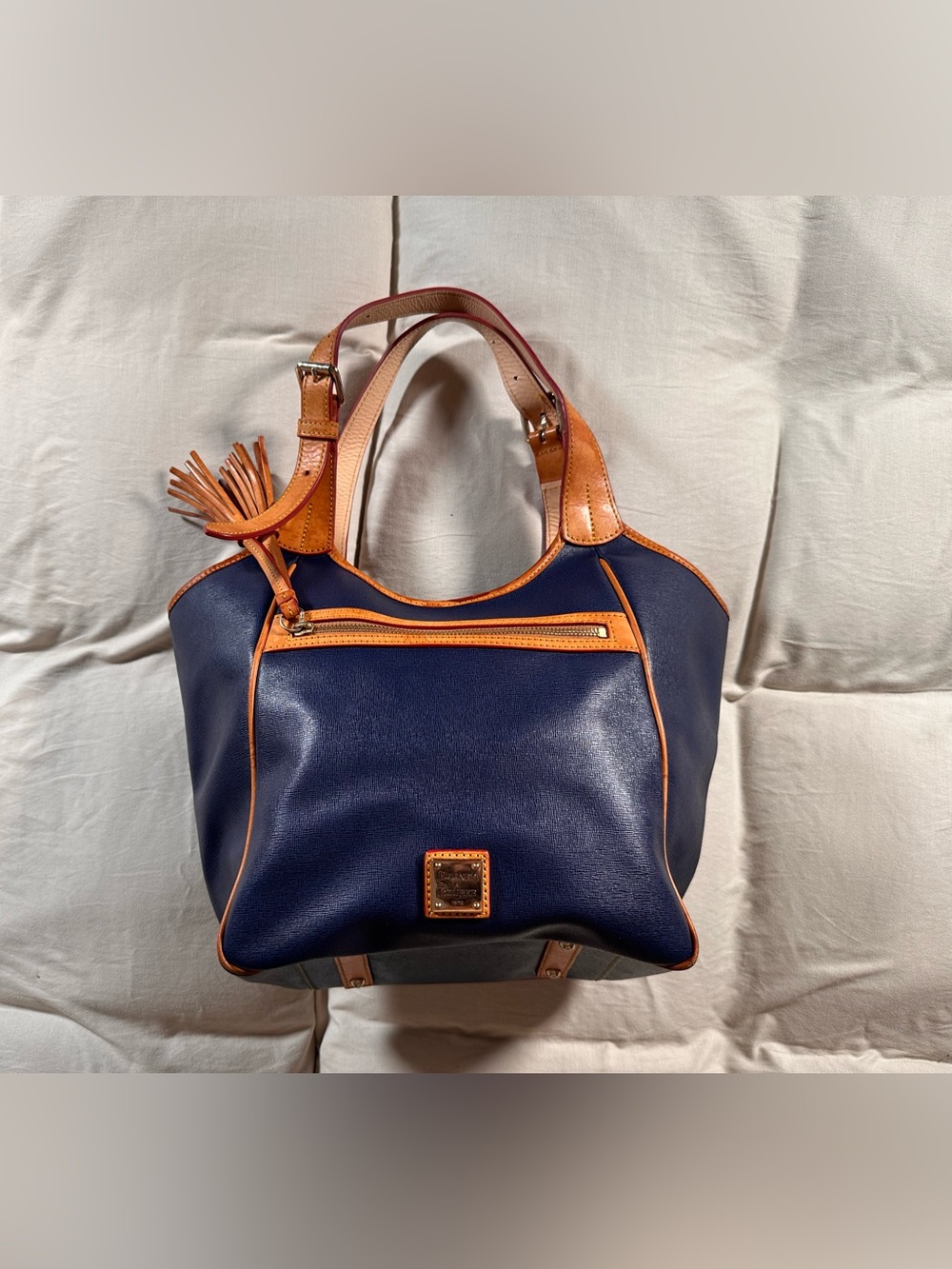 Dooney and Bourke Saffiano Leather Marine Blue Maddy Tote Tan Ritzy Equestrian